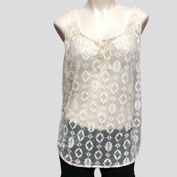 𝅺Eddie Bauer Ivory Sheer Embroidered Sleeveless Top - Picture 1 of 9